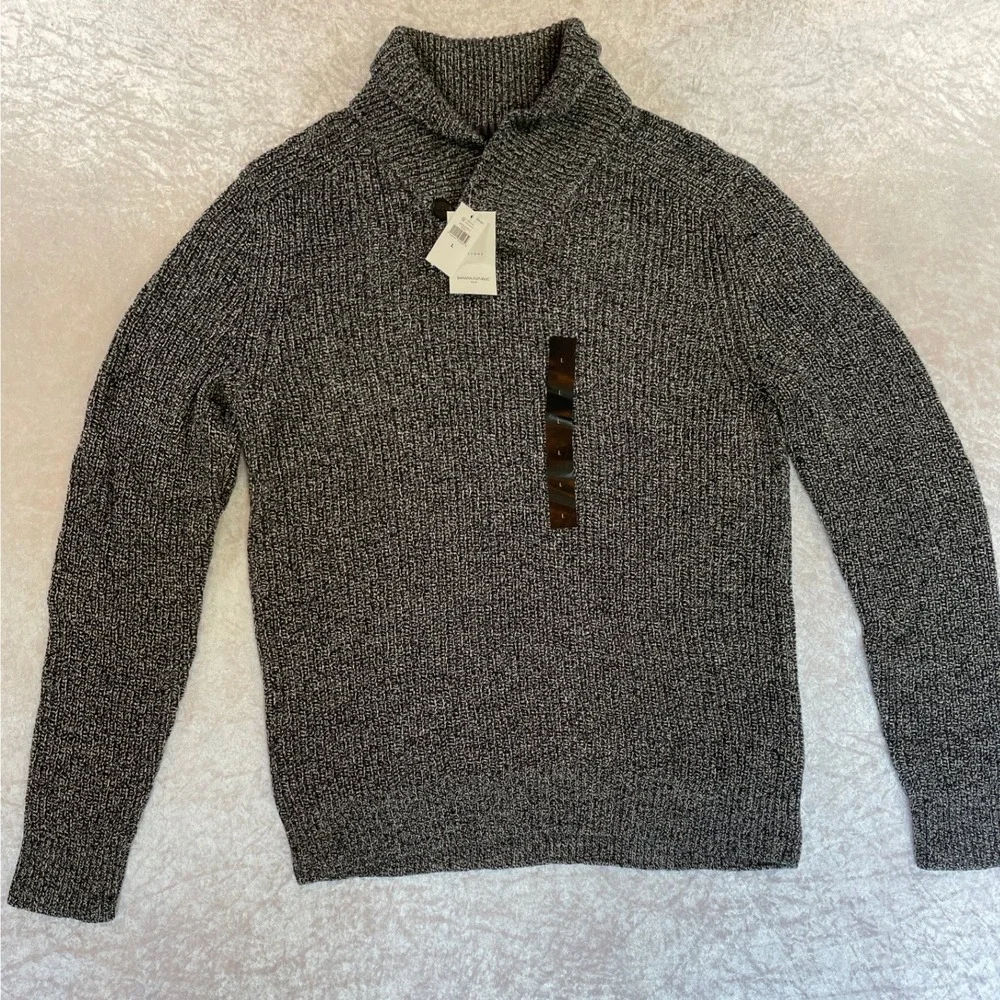 Banana Republic Shawl Collar Sweater Large Grey Marled NWT Wool Blend Chunky